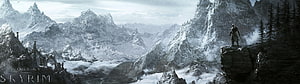 Skyrim Snowy Mountain Landscape with Lone Warrior on Cliff Edge HD wallpaper
