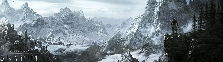 Skyrim Snowy Mountain Landscape with Lone Warrior on Cliff Edge HD wallpaper