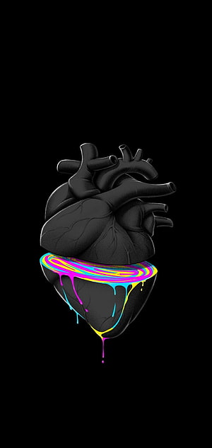 Surreal Black Anatomical Heart with Vibrant Neon Paint Drips on Dark Background HD phone wallpaper