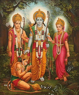 Ram Sita Hanuman and Lakshman in a Forest Setting Traditional Indian Painting, Ram Sita . Siya Ram HD phone wallpaper
