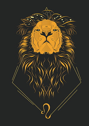 Golden Leo Lion Head with Zodiac Symbol and Geometric Frame on Dark Background HD phone wallpaper