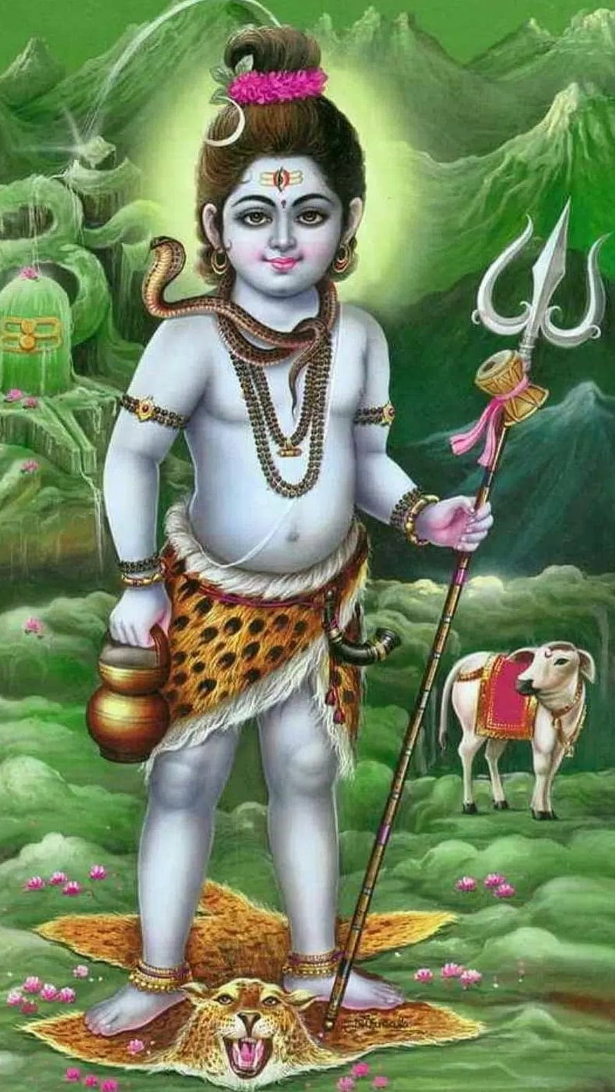Bal Shiva Child Form of Lord Shiva with Trident and Nandi in Mythological Illustration HD phone wallpaper