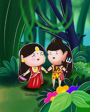 Cute Chibi Lord Shiva and Sati Walking Together in a Lush Green Forest HD phone wallpaper