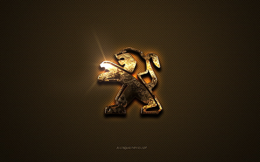 Peugeot Golden Lion Emblem on Textured Brown Metal Background HD wallpaper