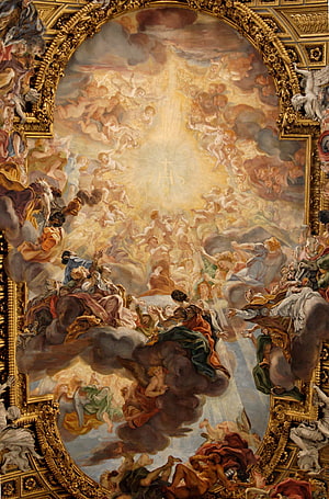 Baroque Ceiling Fresco with Divine Light and Angelic Figures in Ornate Gold Frame HD phone wallpaper