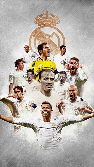 Real Madrid Legends: Cristiano Ronaldo and Iconic Players in White Kit Collage HD phone wallpaper