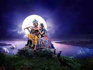 Radha Krishna Playing Flute Under Full Moon With Peacock And Swans HD wallpaper