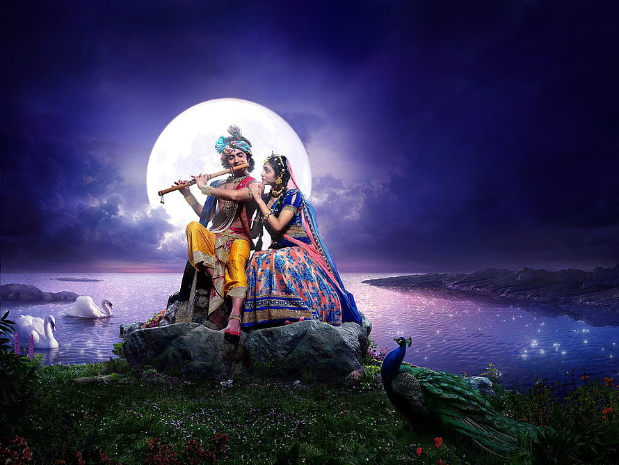 Radha Krishna Playing Flute Under Full Moon With Peacock And Swans HD wallpaper