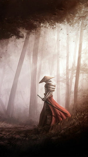 Lone Samurai in Misty Forest with Red Cape and Katana HD phone wallpaper