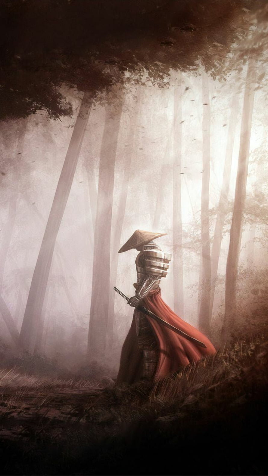 Lone Samurai in Misty Forest with Red Cape and Katana HD phone wallpaper
