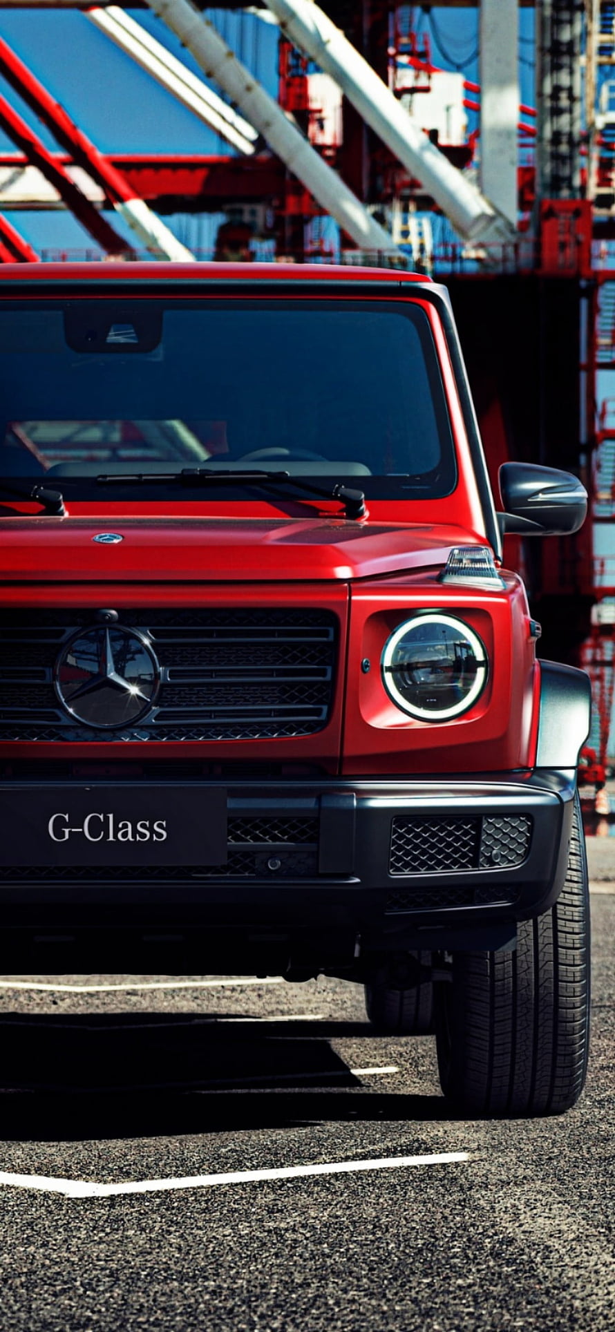 Red Mercedes-Benz G-Class Front View at Industrial Port HD phone wallpaper