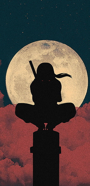 Itachi Uchiha Silhouette Perched on Pillar Against Full Moon in Naruto Style HD phone wallpaper