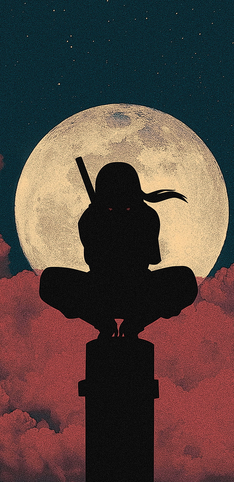 Itachi Uchiha Silhouette Perched on Pillar Against Full Moon in Naruto Style HD phone wallpaper