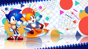 Sonic The Hedgehog and Tails in a vibrant retro geometric pattern with Memphis design elements HD wallpaper