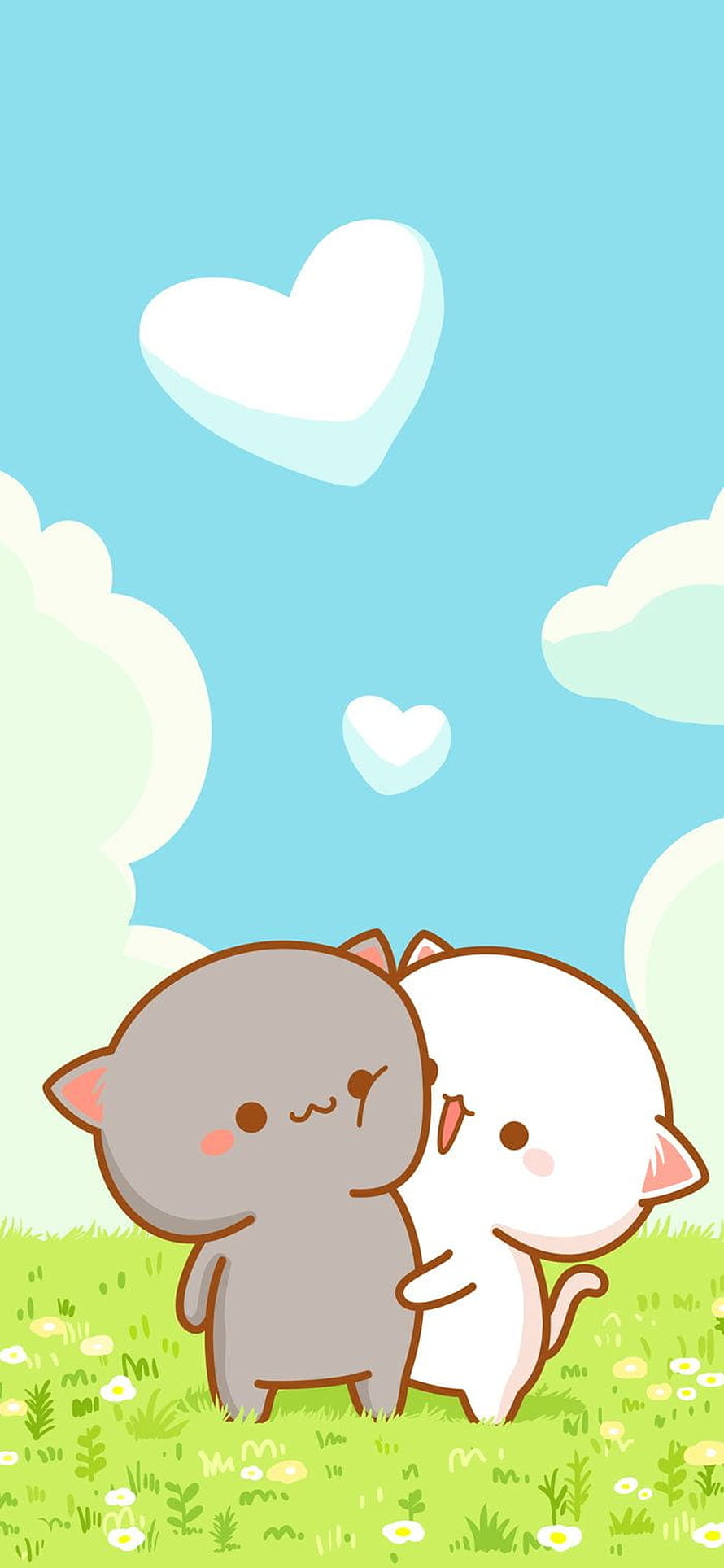 Cute Kawaii Chibi Cats Hugging in a Flower Meadow with Floating Hearts HD phone wallpaper