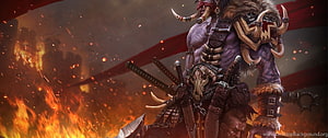 World of Warcraft Orc Warrior with Horned Mask and Swords in Fiery Battle Scene HD wallpaper