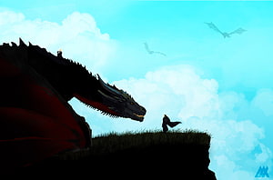 Jon Snow and Dragon Confrontation on a Cliff in Game of Thrones HD wallpaper