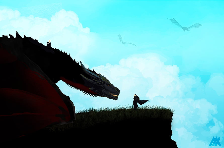 Jon Snow and Dragon Confrontation on a Cliff in Game of Thrones HD wallpaper