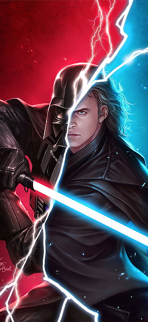Darth Vader and Anakin Skywalker Split Portrait with Lightning and Lightsaber HD phone wallpaper
