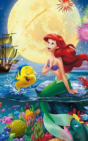 Ariel and Flounder from The Little Mermaid Under a Full Moon with Fireworks HD phone wallpaper