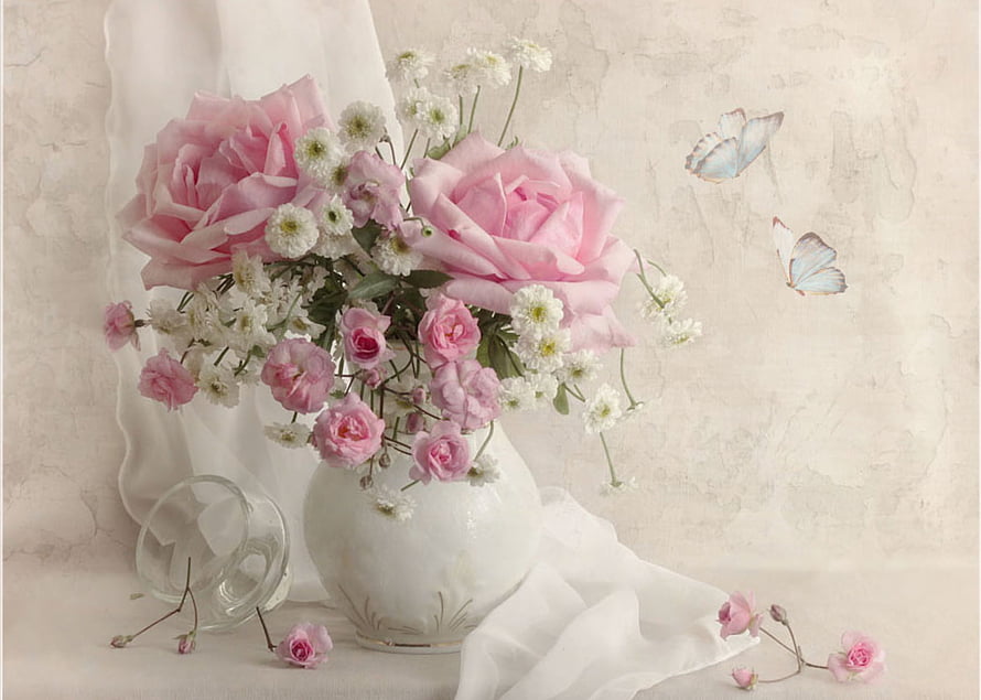 Elegant Still Life of Pink Roses and White Flowers in a Ceramic Vase with Butterflies HD wallpaper
