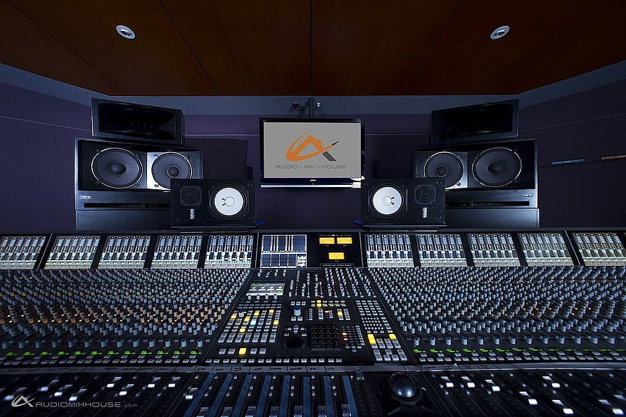 Professional Audio Recording Studio Control Room with Mixing Console and Monitor Speakers HD wallpaper