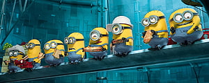 Despicable Me Minions Eating Sandwiches on Conveyor Belt in Lab Setting HD wallpaper