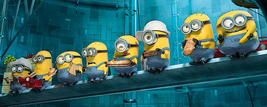 Despicable Me Minions Eating Sandwiches on Conveyor Belt in Lab Setting HD wallpaper