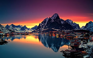 Reine Village Fjord Sunset with Snow-Capped Peaks and Red Cabins HD wallpaper