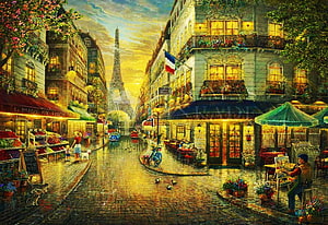 Impressionist Paris Street Scene with Eiffel Tower and Charming Café at Golden Hour HD wallpaper