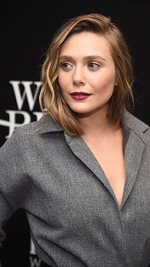 Elizabeth Olsen in a Grey Blazer with Dark Red Lipstick at a Black-Tie Event HD phone wallpaper
