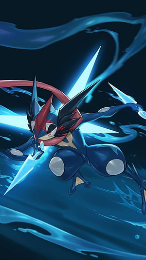 Shiny Ash Greninja in Dynamic Water Combat Pose with Blue Energy Effects HD phone wallpaper