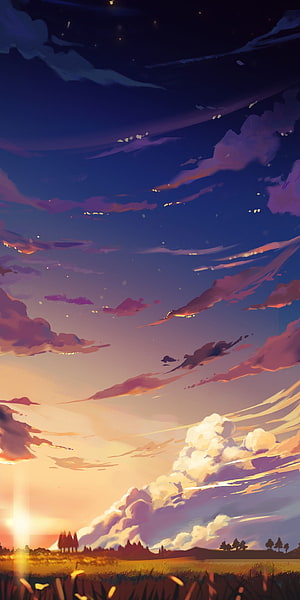 Serene Anime Sunset Landscape with Dramatic Clouds and Golden Horizon HD phone wallpaper