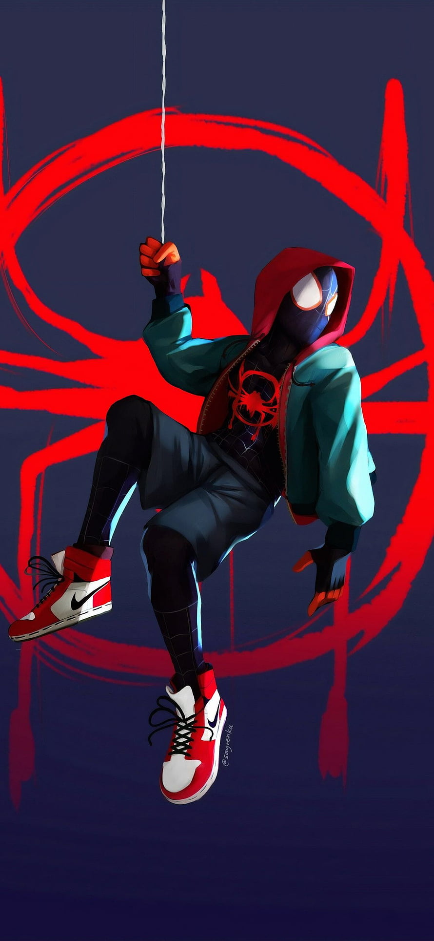 Miles Morales swinging through the city in a teal hoodie and red sneakers HD phone wallpaper