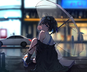 Anime Girl Sitting on Wet Street with Transparent Umbrella in Rainy City HD wallpaper