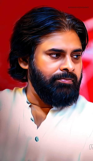 Pawan Kalyan Portrait With Full Beard And White Shirt Against Red Background HD phone wallpaper