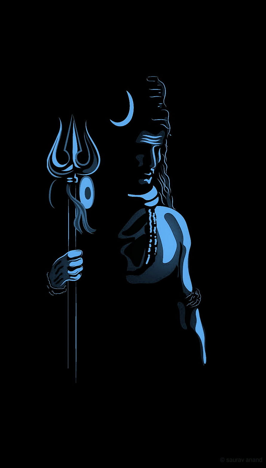 Lord Shiva with Trishula and Crescent Moon in Minimalist Blue Line Art HD phone wallpaper