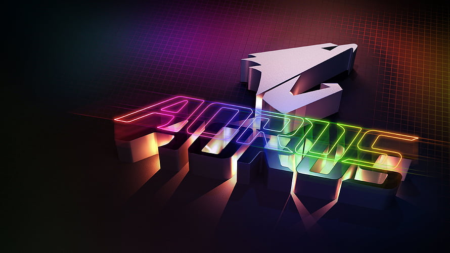 Aorus Gaming Logo with Neon Rainbow Lettering and 3D Arrow on Dark Grid Background HD wallpaper