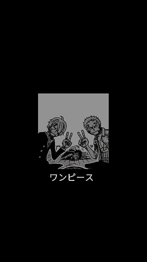 One Piece manga panel featuring Sanji and Luffy making peace signs over a table HD phone wallpaper