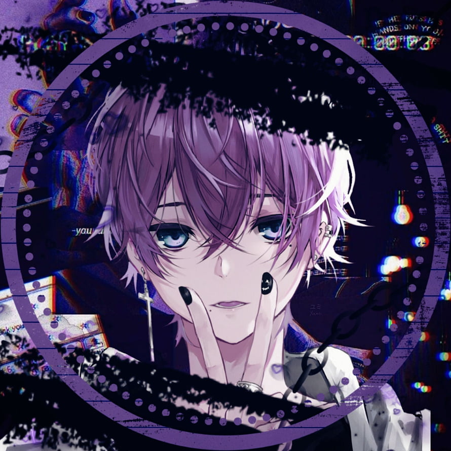 Purple Haired Anime Boy Icon With Glitch Art Aesthetic And Dark Edgy Style HD phone wallpaper
