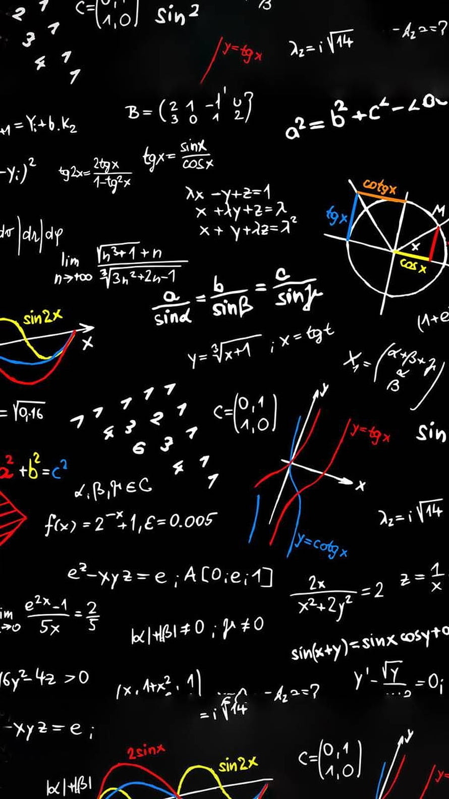 Colorful Handwritten Mathematics Formulas and Trigonometric Graphs on Black Background HD phone wallpaper