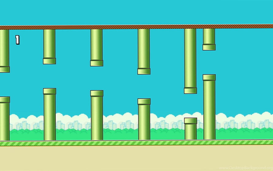 Flappy Bird Game Scene With Green Pipes And City Skyline HD wallpaper