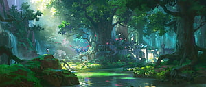 Mystical Enchanted Forest Village with Waterfall and Ancient Trees in Fantasy Art Style HD wallpaper