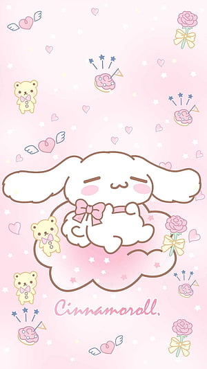 Cute Cinnamoroll Sleeping on a Cloud with Pastel Hearts and Bears HD phone wallpaper