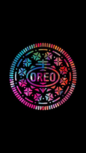 Vibrant Oreo Logo in Colorful Geometric Mandala Pattern on Black Background HD phone wallpaper