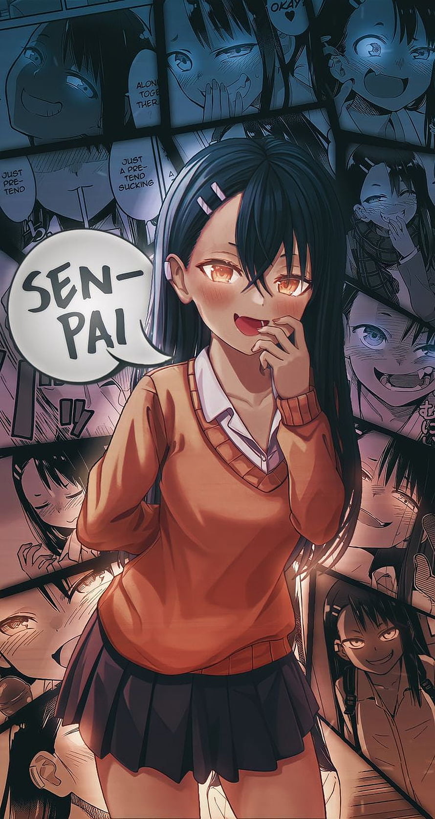 Nagatoro Anime Girl in School Uniform with Manga Panel Background HD phone wallpaper
