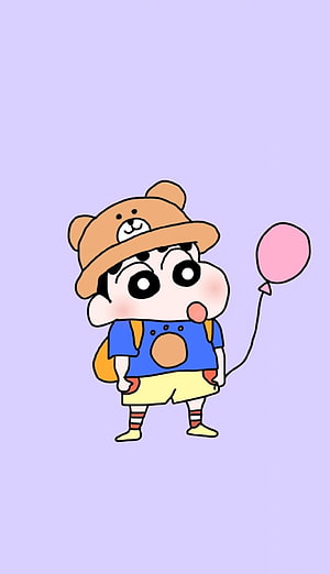 Crayon Shin-chan in a Bear Hat Holding a Pink Balloon on a Lavender Background HD phone wallpaper