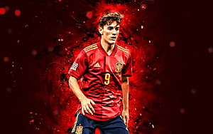 Gavi in Spain National Team Red Jersey with Dramatic Ink Splash Background HD wallpaper
