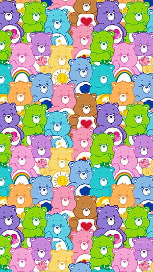 Colorful Care Bears Pattern Wallpaper Featuring Rainbow and Heart Motifs HD phone wallpaper