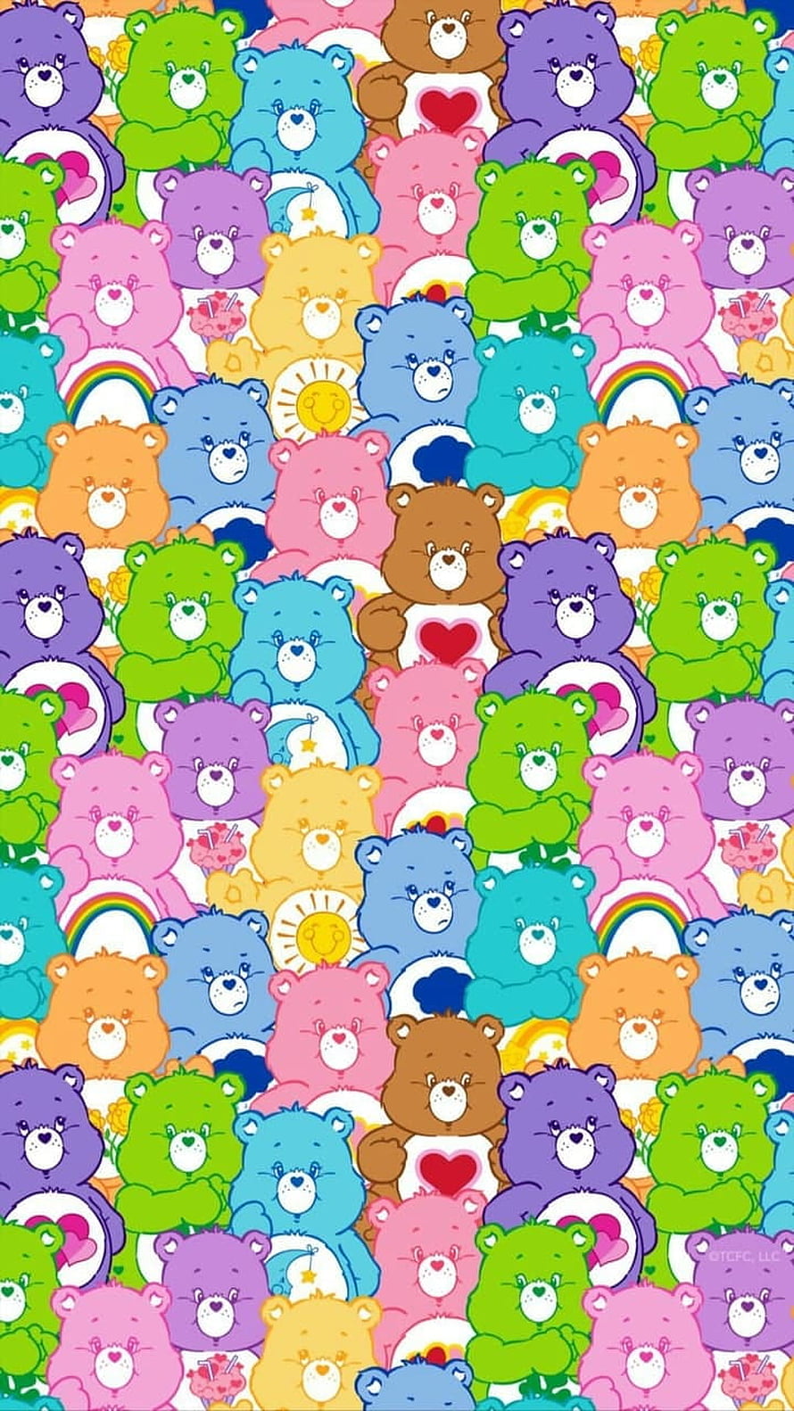 Colorful Care Bears Pattern Wallpaper Featuring Rainbow and Heart Motifs HD phone wallpaper